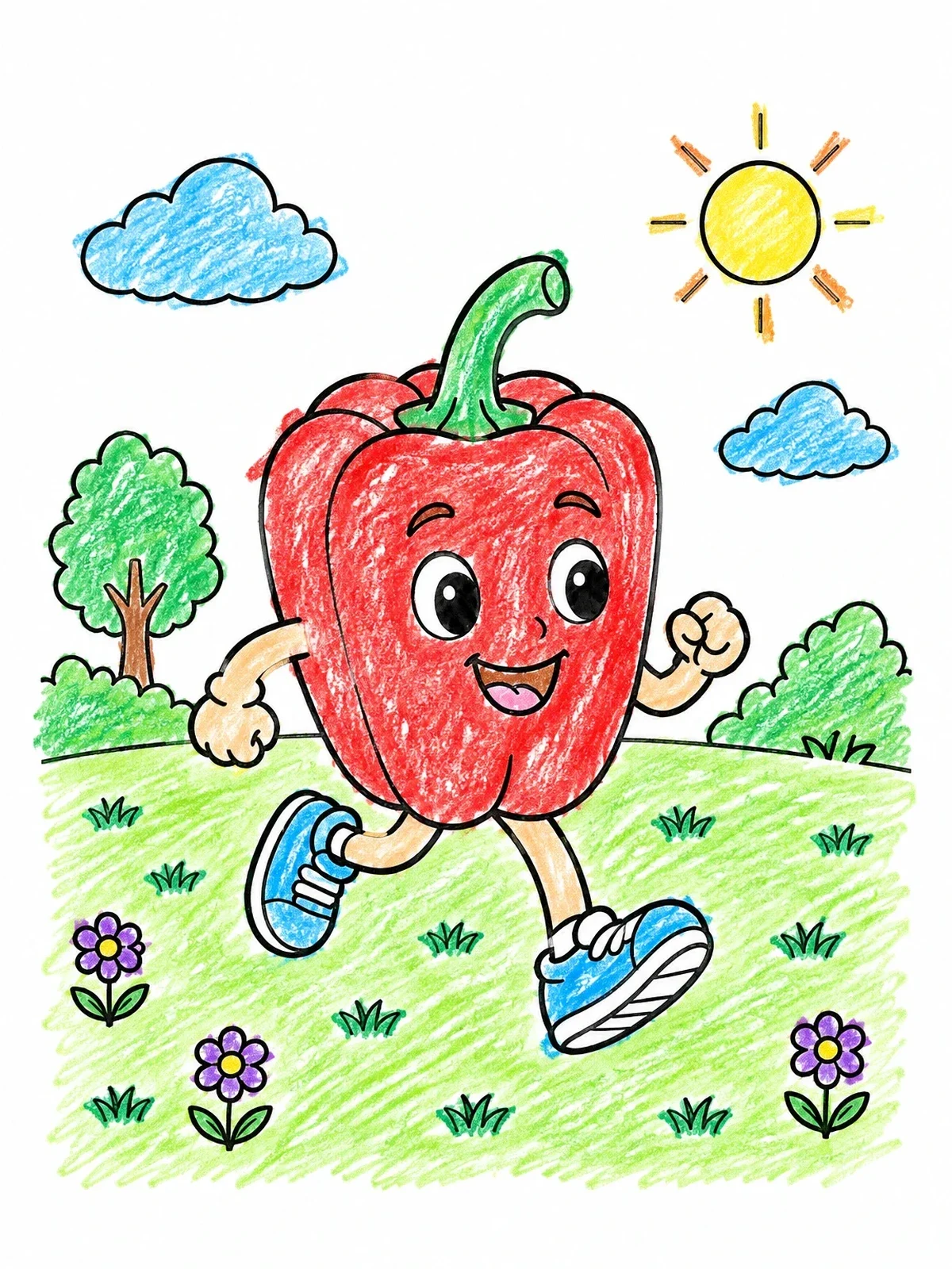 Colored example of the Cheerful Bell Pepper Jogging Outdoors coloring page