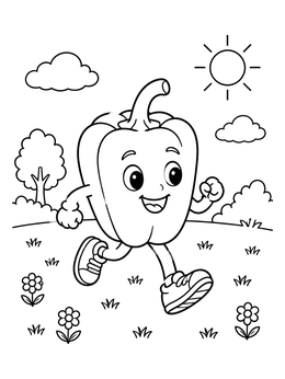 A happy bell pepper running outside on this vegetable coloring page.