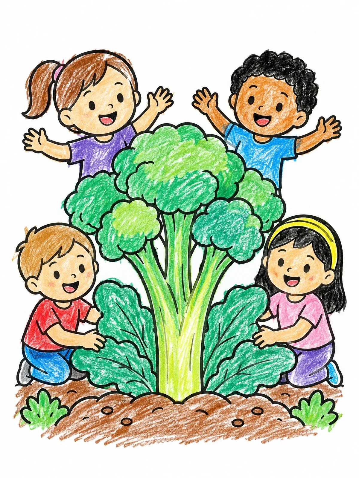 Colored example of the Children With Giant Broccoli Plant coloring page