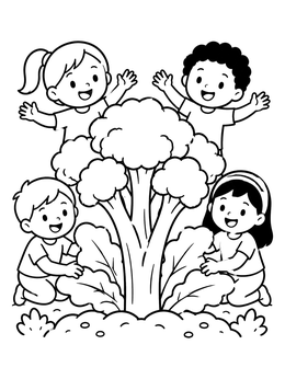 Kids marvel at a large broccoli stalk in this vegetable coloring page.
