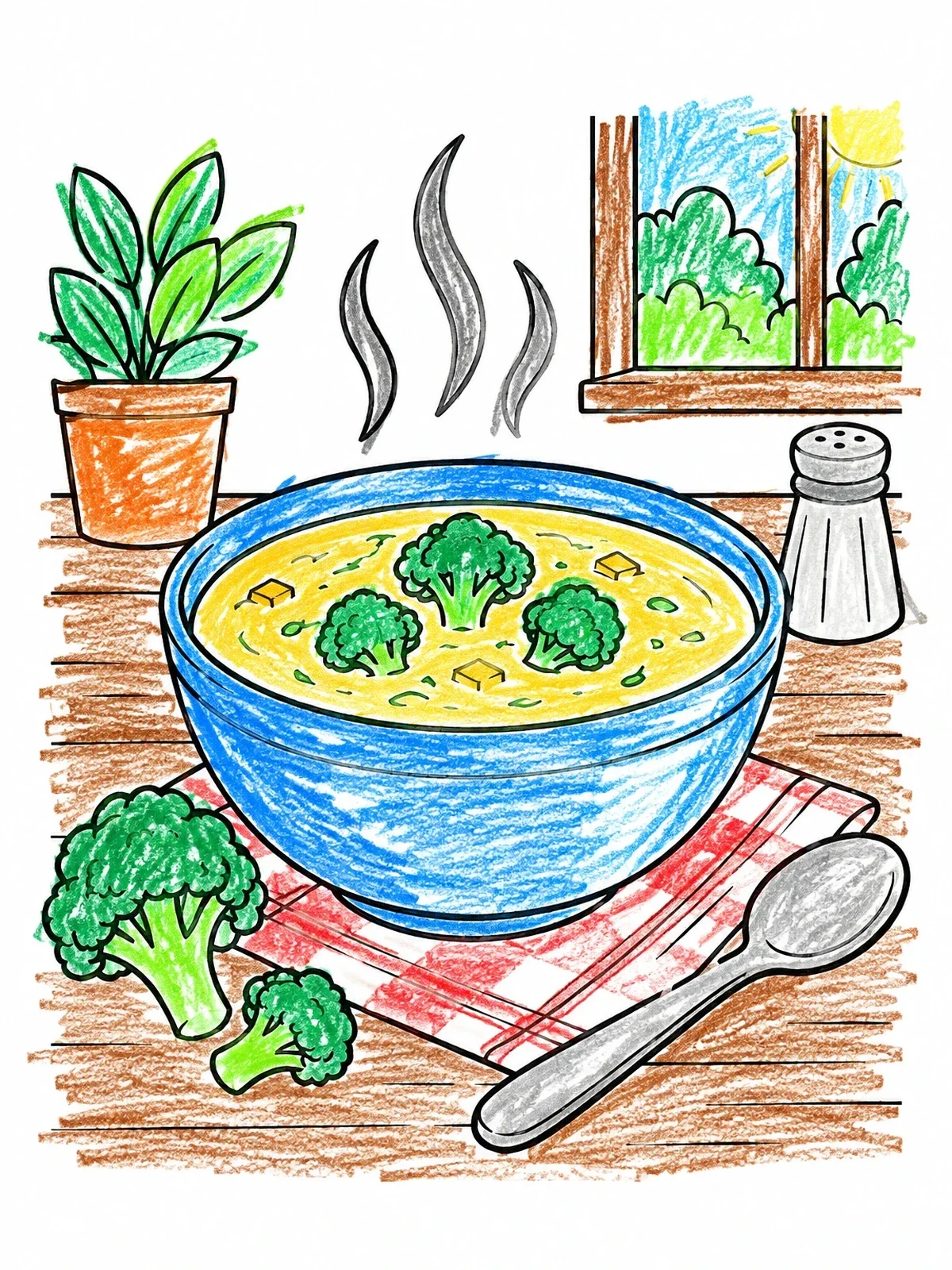 Colored example of the Cozy Bowl Of Broccoli Soup coloring page