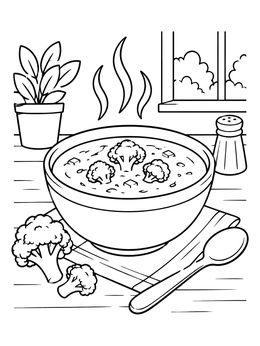 A steaming bowl of soup on this vegetable coloring page with fresh broccoli florets.