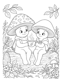 Two cute mushroom figures sitting on a log with warm tea in this vegetable coloring page.