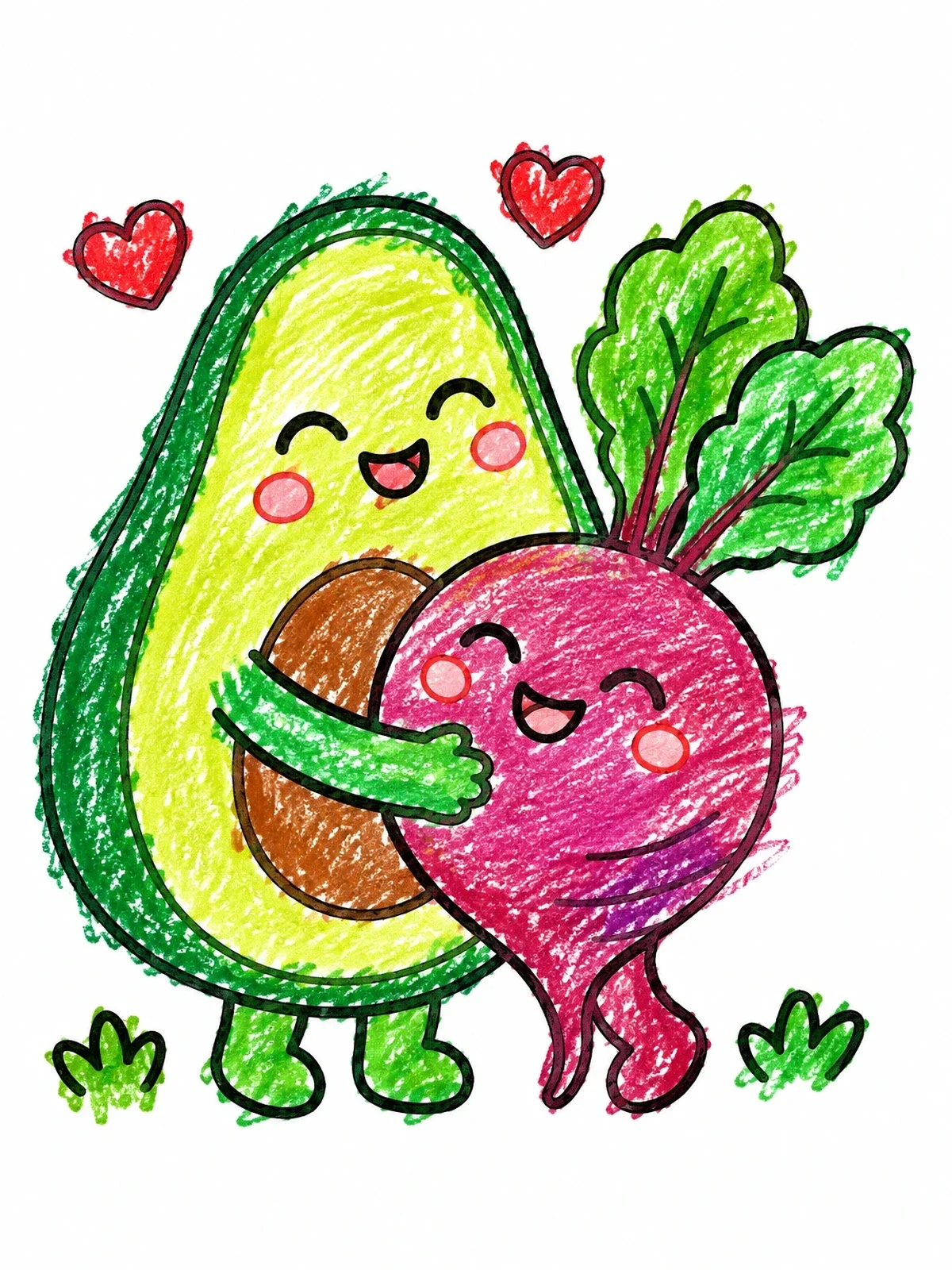Colored example of the Cute Avocado Hugging Happy Beetroot coloring page