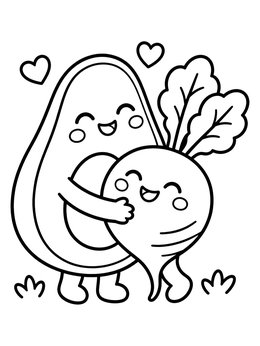 A friendly vegetable coloring page with an avocado hugging a smiling beetroot.