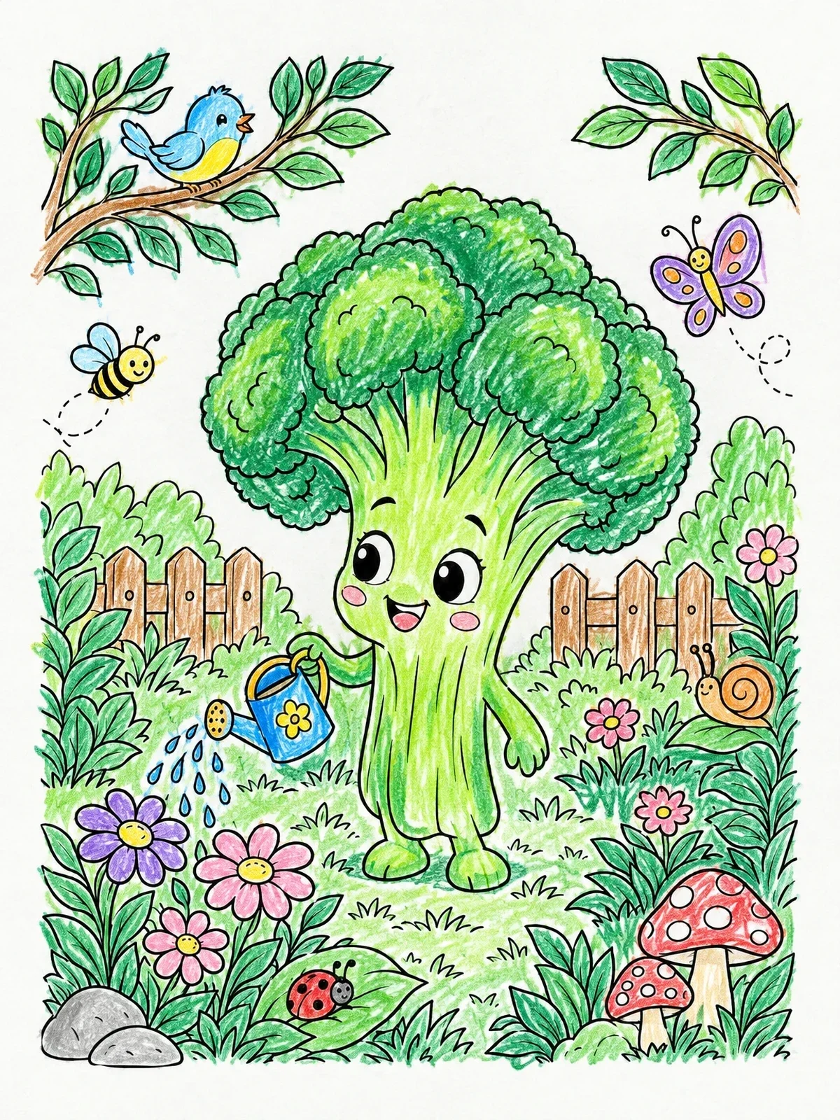 Colored example of the Cute Broccoli Character Watering Garden Flowers coloring page