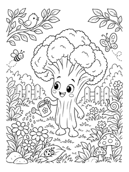 A vegetable coloring page of a smiling cartoon broccoli holding a watering can in a garden.