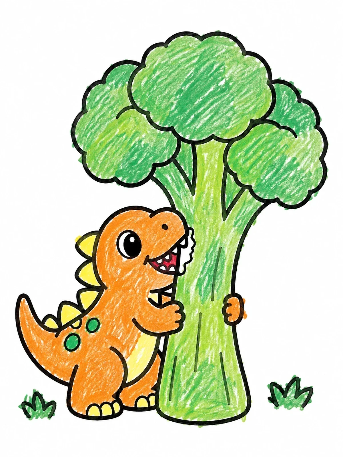 Colored example of the Cute Dinosaur Hugging Giant Broccoli coloring page