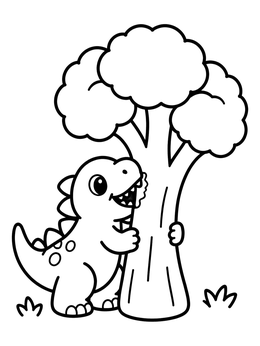 A happy little dinosaur hugging a giant stalk on this vegetable coloring page.