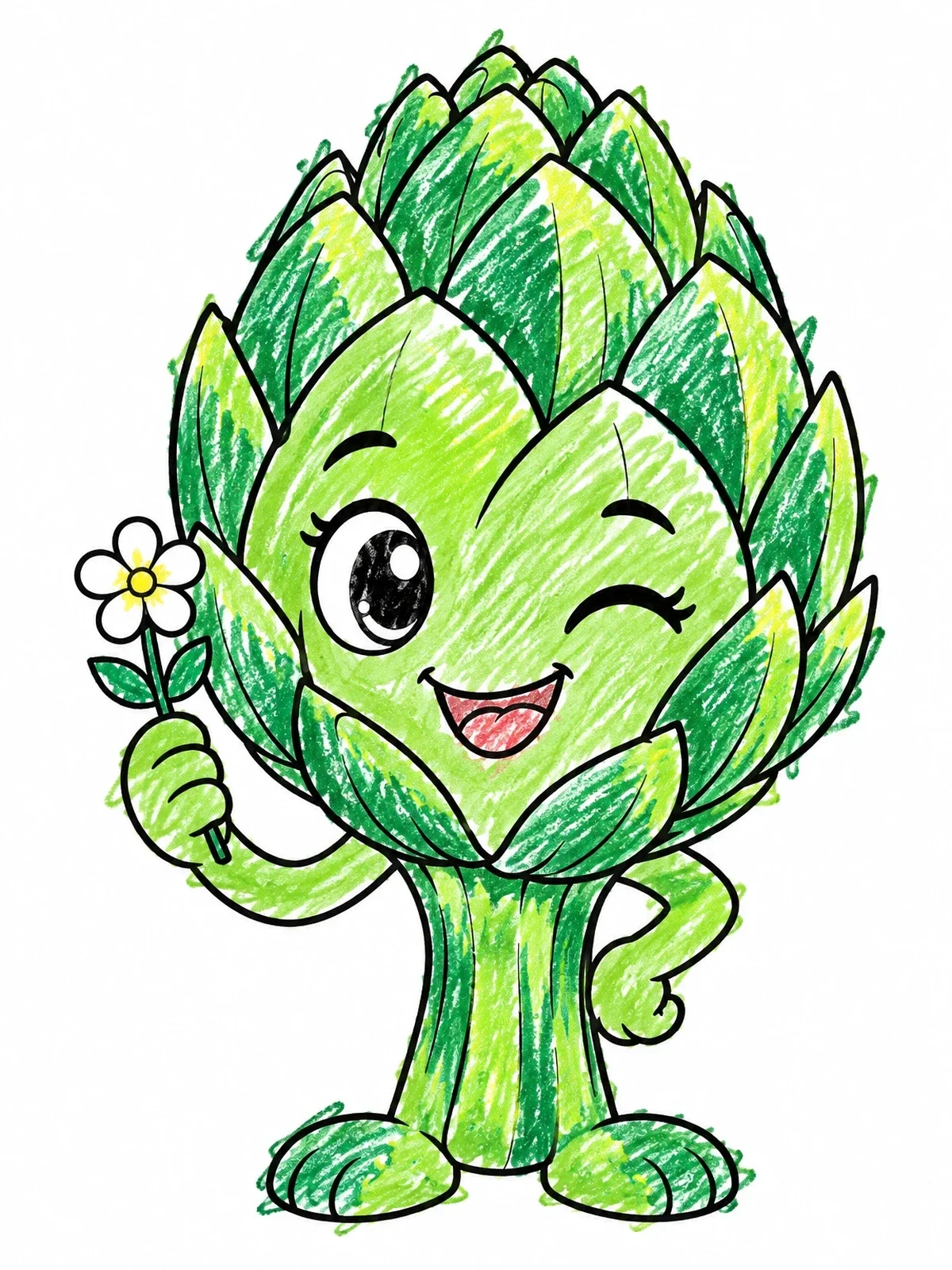Colored example of the Cute Winking Artichoke With Flower coloring page
