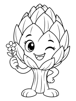A cute winking artichoke character holds a blossom in this vegetable coloring page.