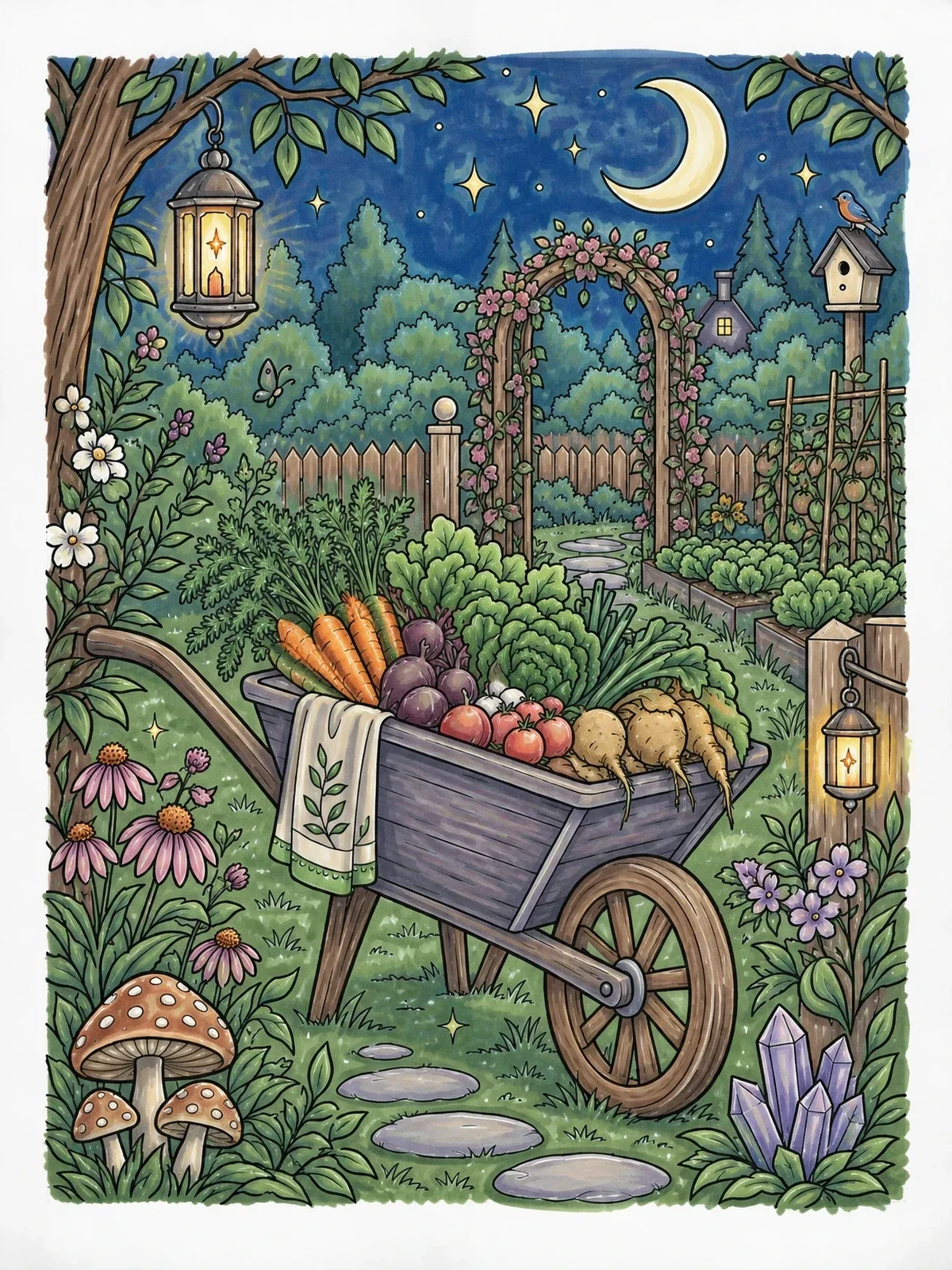 Colored example of the Garden Wheelbarrow Harvest By Moonlight coloring page