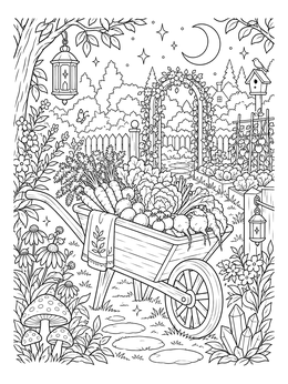 A detailed vegetable coloring page showing a wooden wheelbarrow overflowing with produce in a night garden.