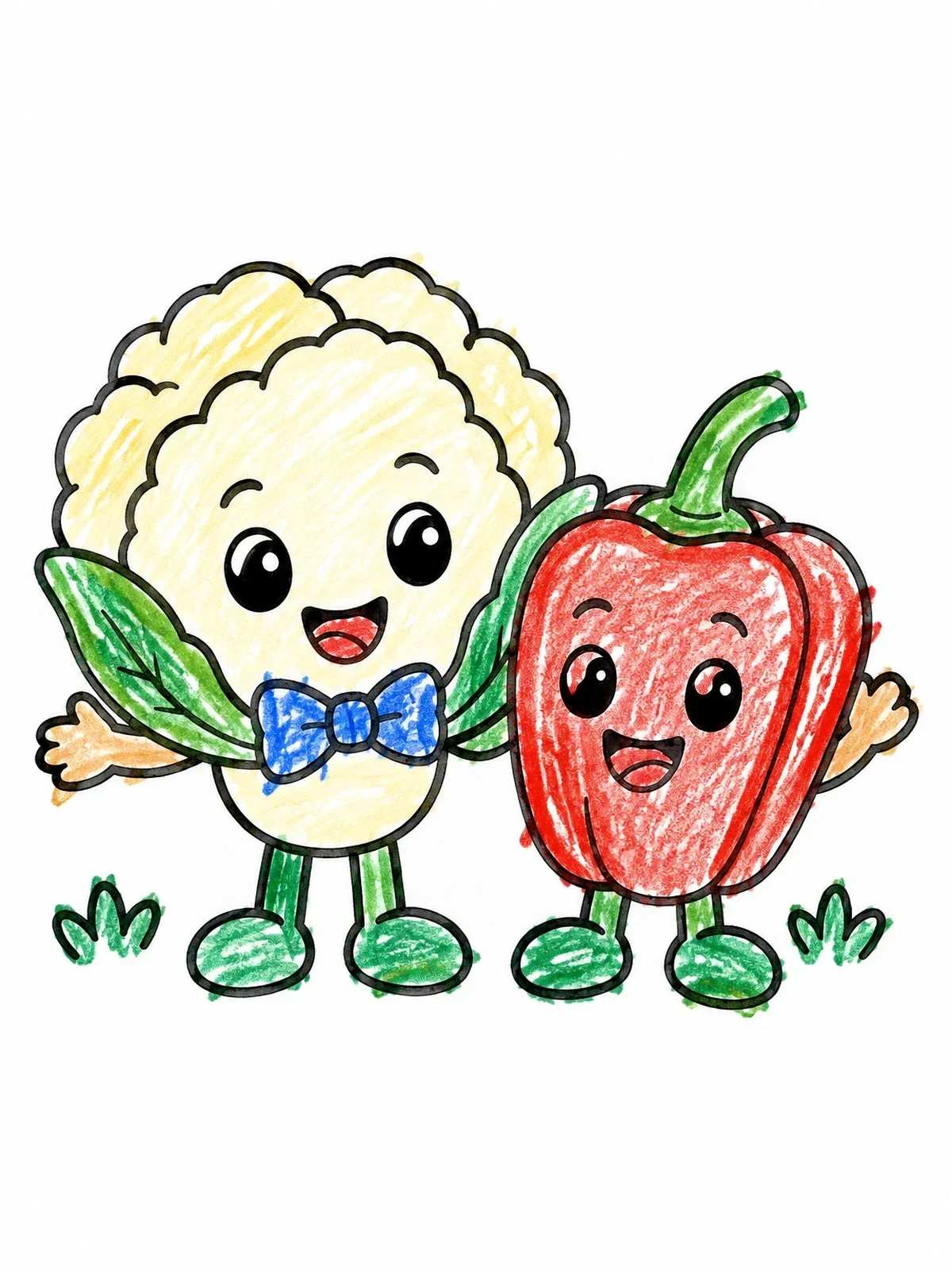 Colored example of the Happy Cauliflower And Bell Pepper coloring page