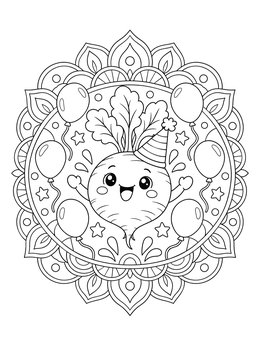 A festive vegetable coloring page with a smiling turnip wearing a party hat inside an ornate mandala.