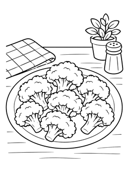 A plate of fresh broccoli florets on a table in this vegetable coloring page.