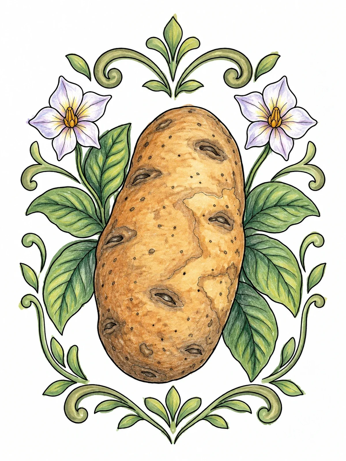 Colored example of the Russet Potato In Floral Frame coloring page
