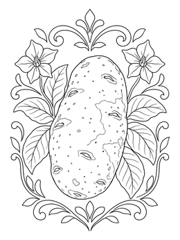 A detailed russet potato with blossoms in this vegetable coloring page.