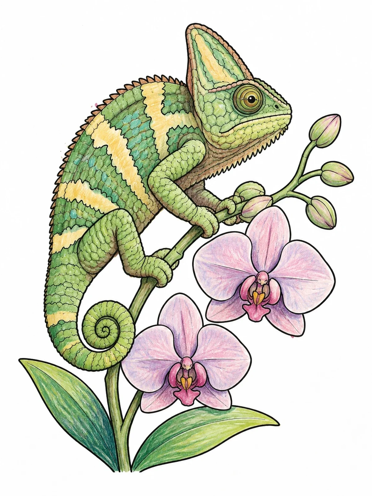 Colored example of the Veiled Chameleon On Orchid Branch coloring page