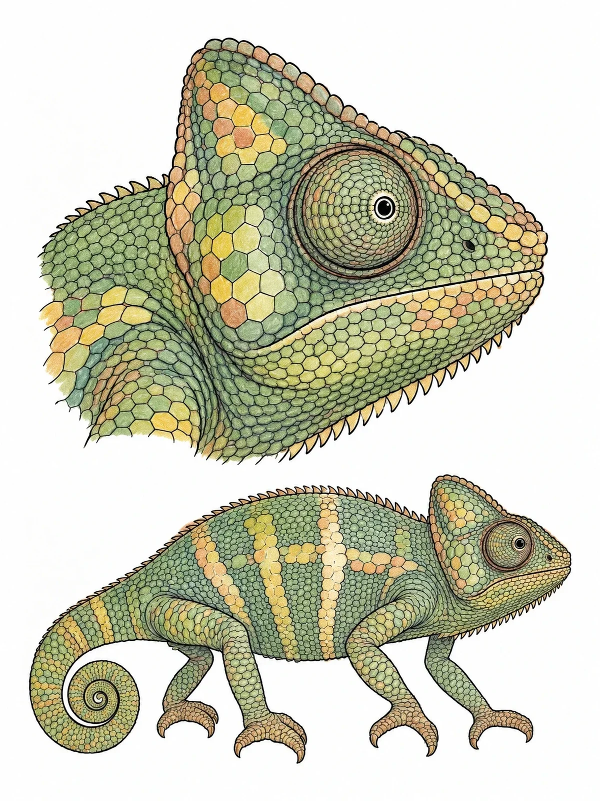 Colored example of the Veiled Chameleon Head And Full Body coloring page