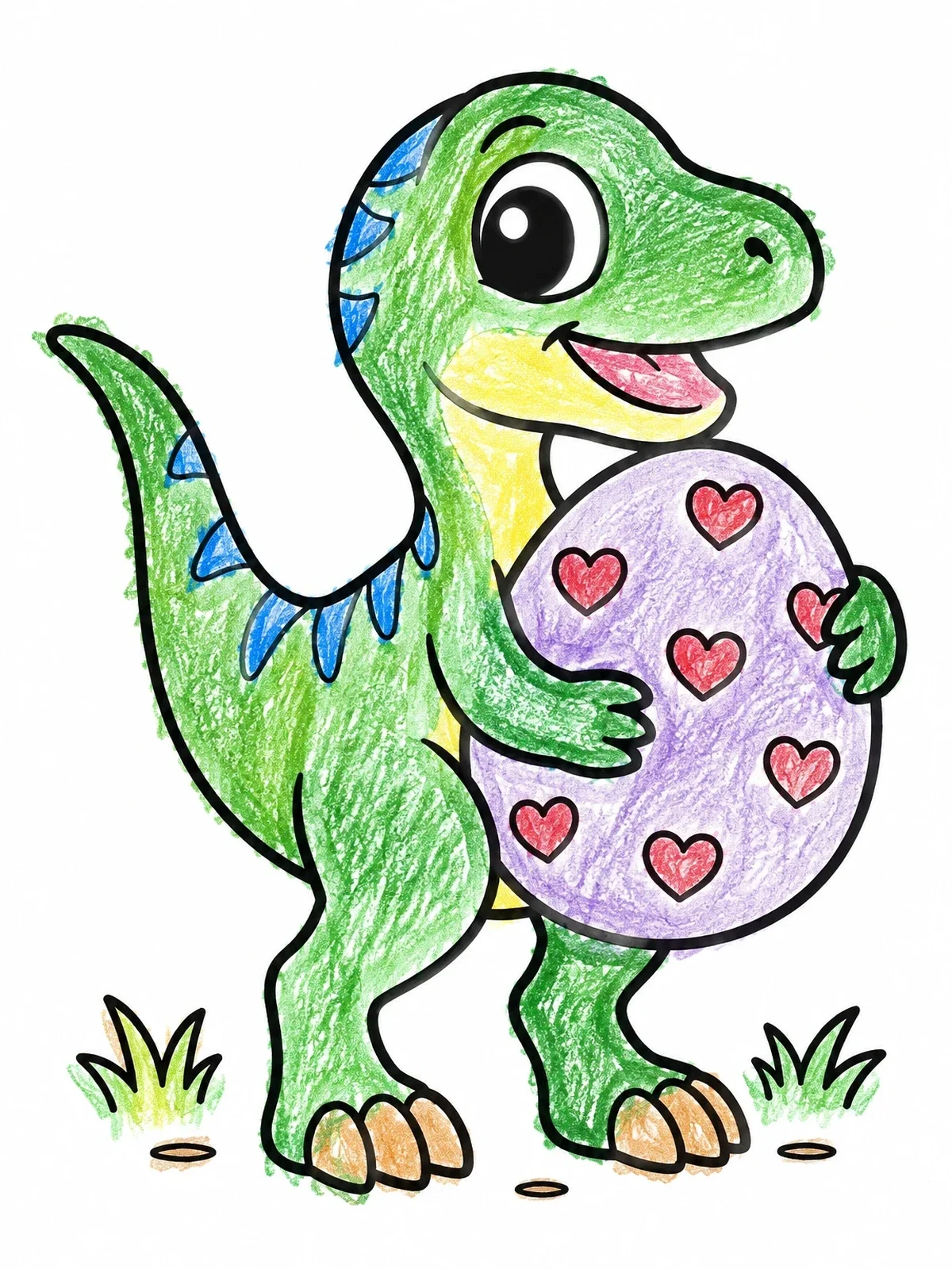 Colored example of the Cute Baby Raptor With Heart Egg coloring page