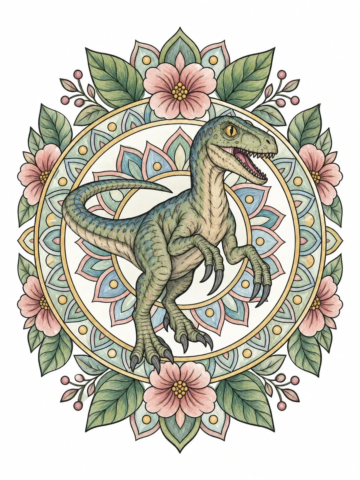 Colored example of the Velociraptor In Floral Mandala coloring page