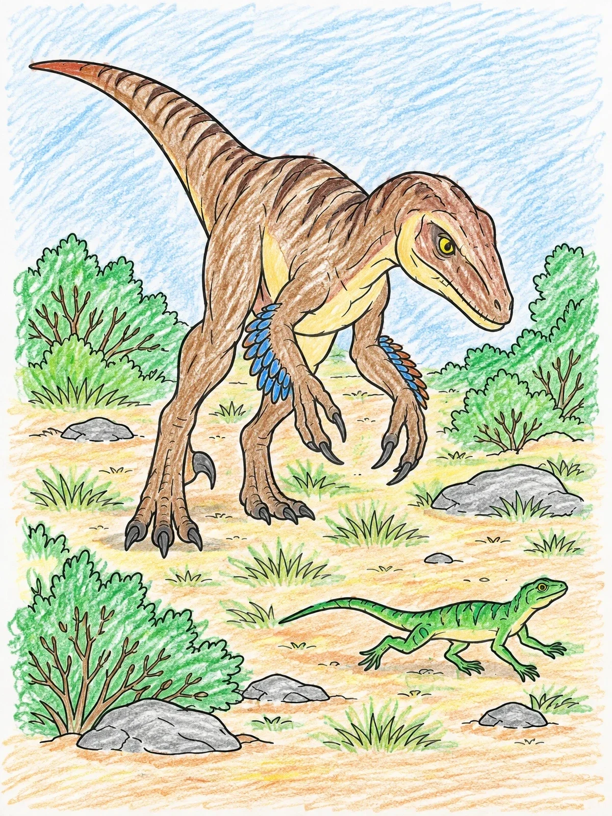 Colored example of the Velociraptor Hunting A Lizard In The Scrubland coloring page