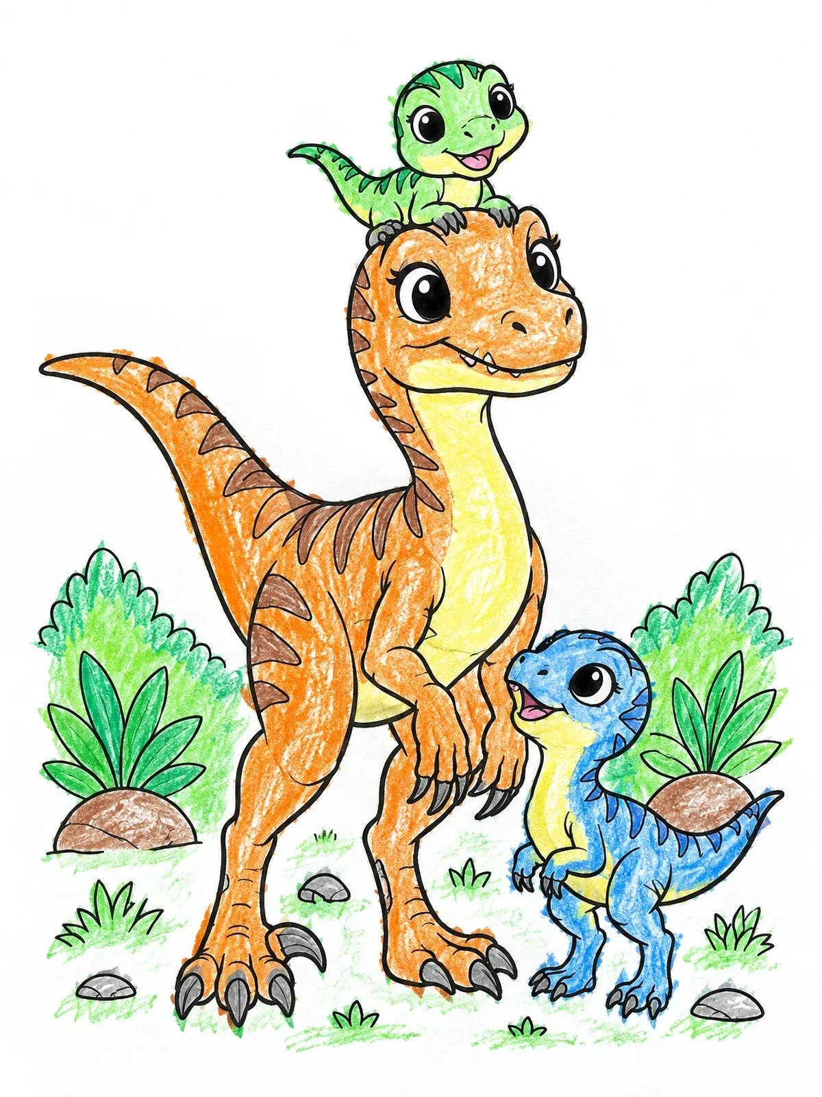 Colored example of the Mother Raptor With Playful Babies coloring page
