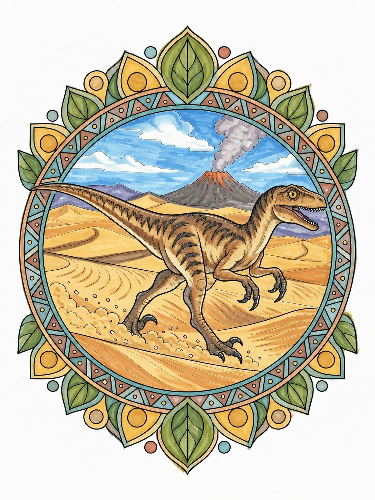 Colored example of the Velociraptor Running Across Desert Dunes coloring page