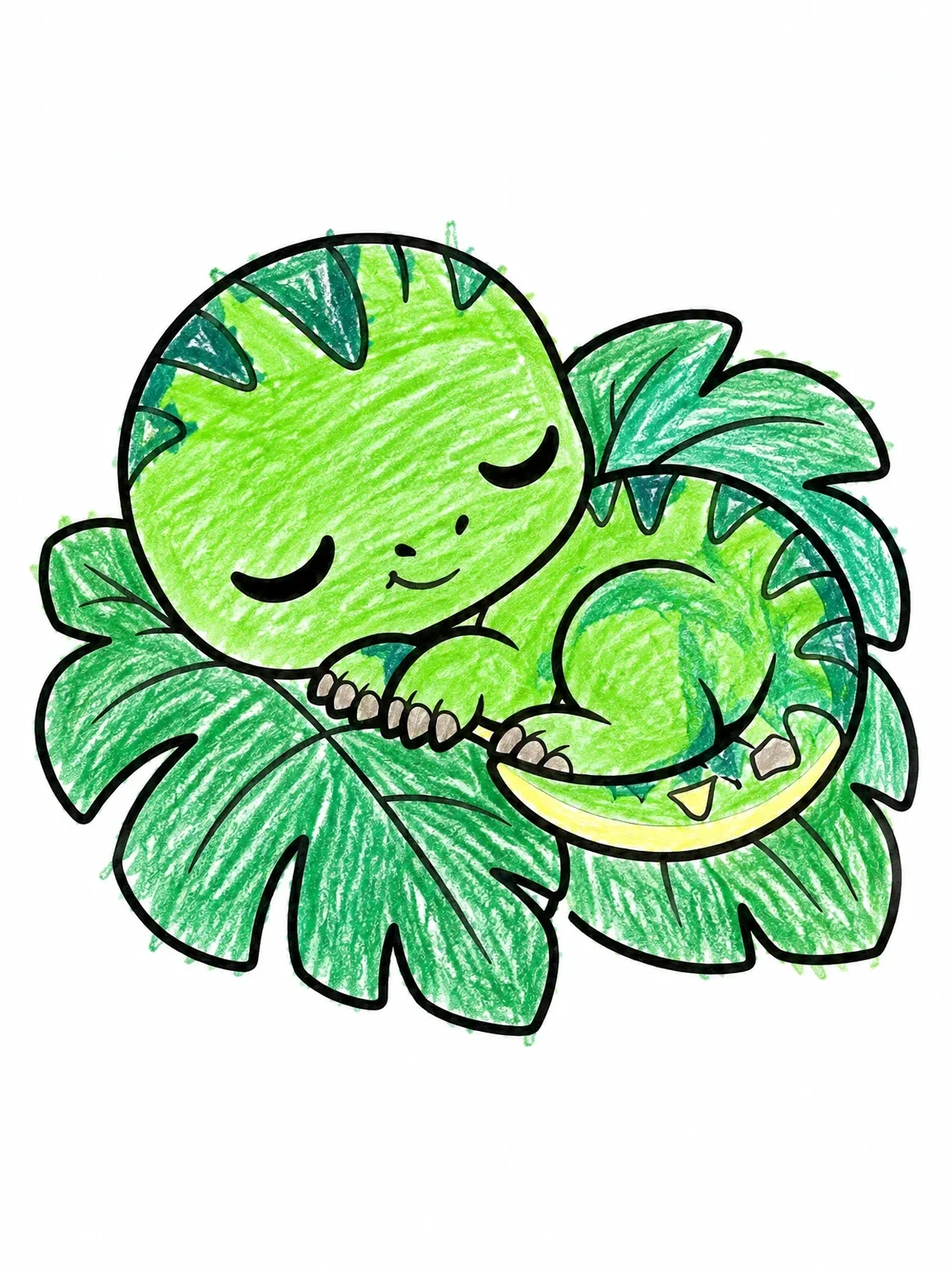 Colored example of the Sleeping Baby Dinosaur On Leaves coloring page