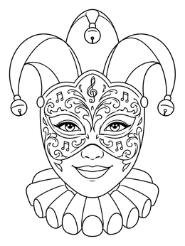 Close-up of an ornate carnival mask on this jester coloring page.