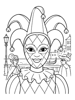Free printable Venetian Harlequin Masked Jester coloring page
