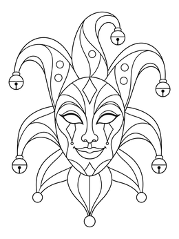 Detailed Venetian jester masquerade mask coloring page with curving points and jingling bells.