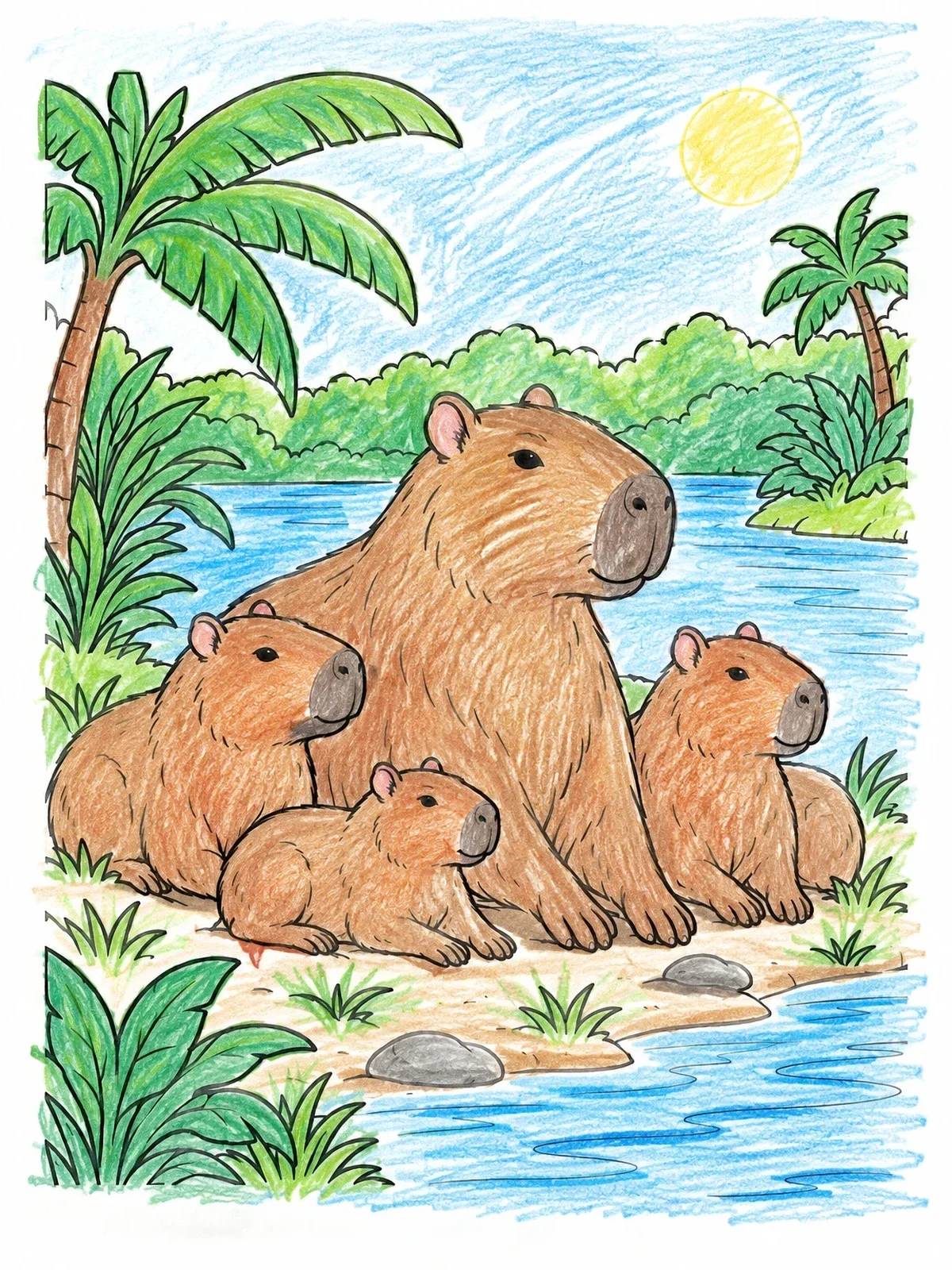 Colored example of the Capybara Family By The River coloring page