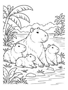 Free printable Capybara Family By The River coloring page
