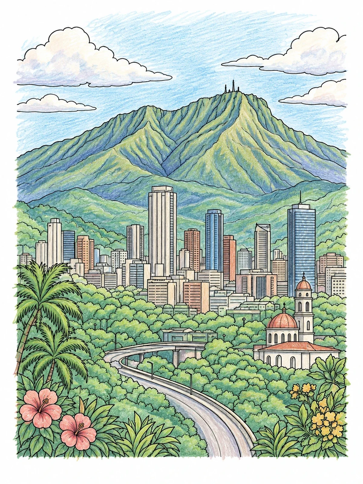 Colored example of the Caracas Skyline Below Mount Avila coloring page