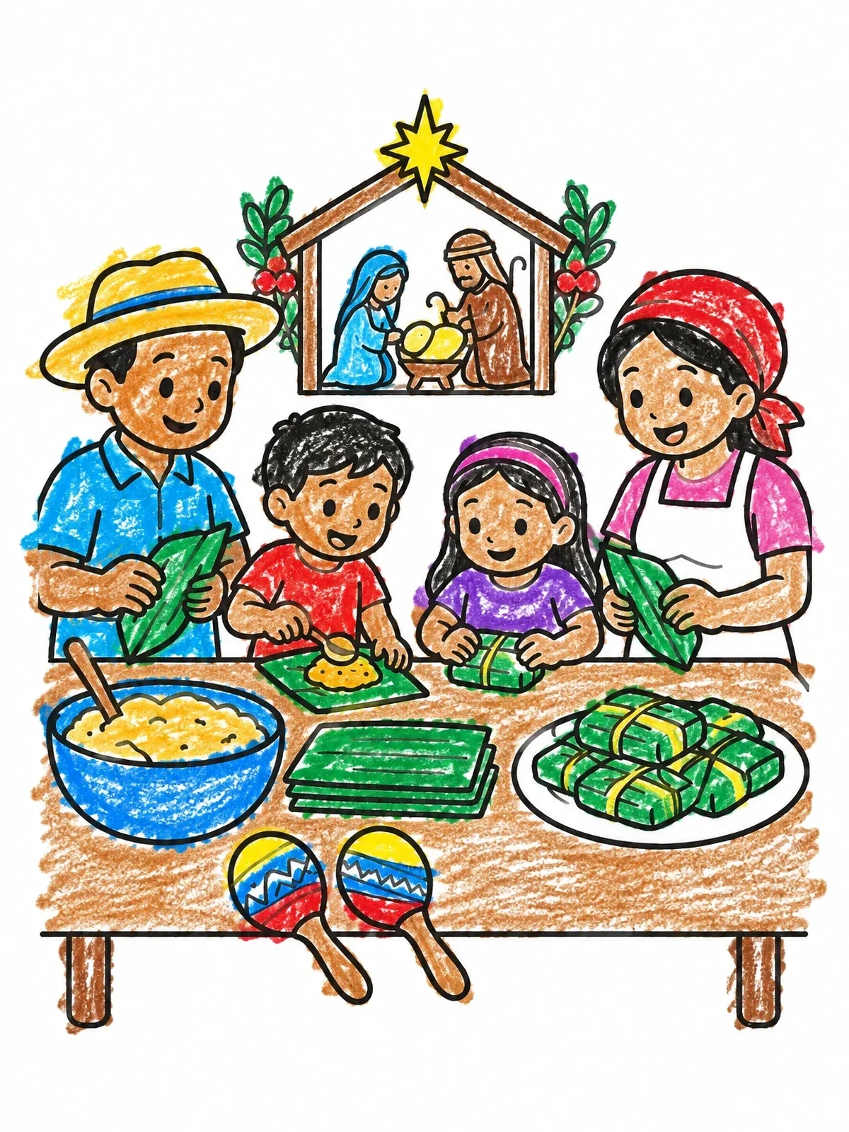 Colored example of the Venezuelan Family Making Christmas Hallacas coloring page