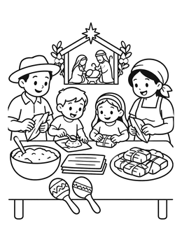 Free printable Venezuelan Family Making Christmas Hallacas coloring page
