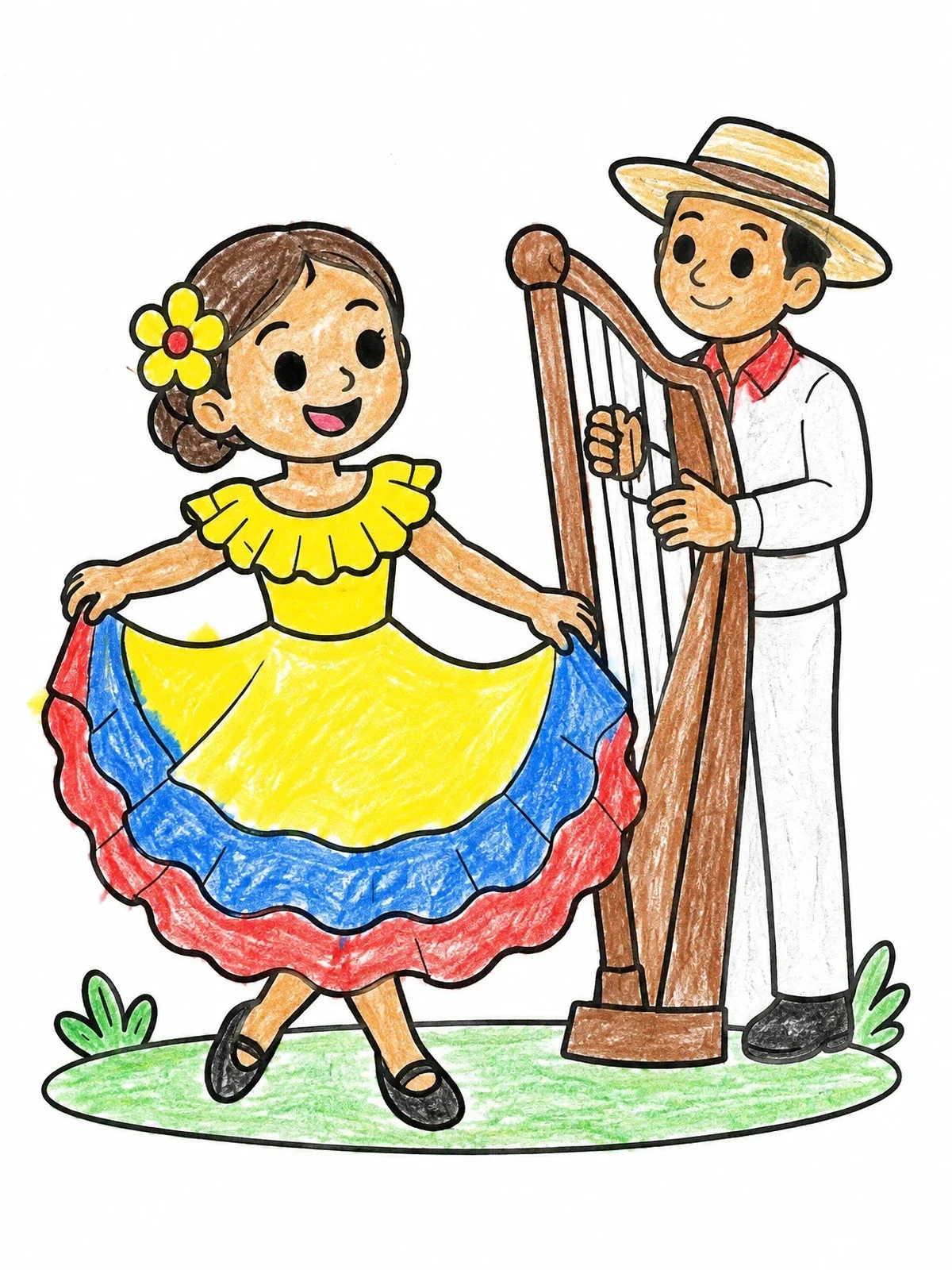 Colored example of the Venezuelan Joropo Dancers And Harp coloring page