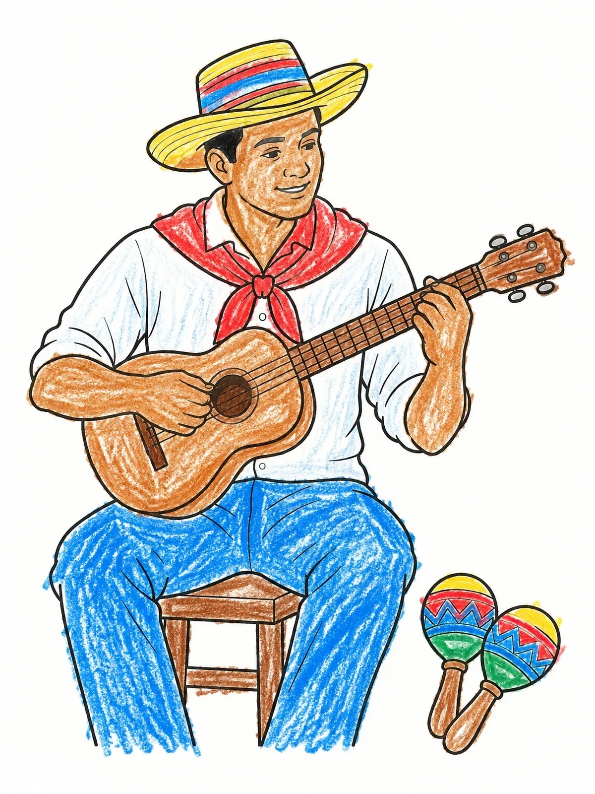 Colored example of the Venezuelan Musician With Cuatro And Maracas coloring page