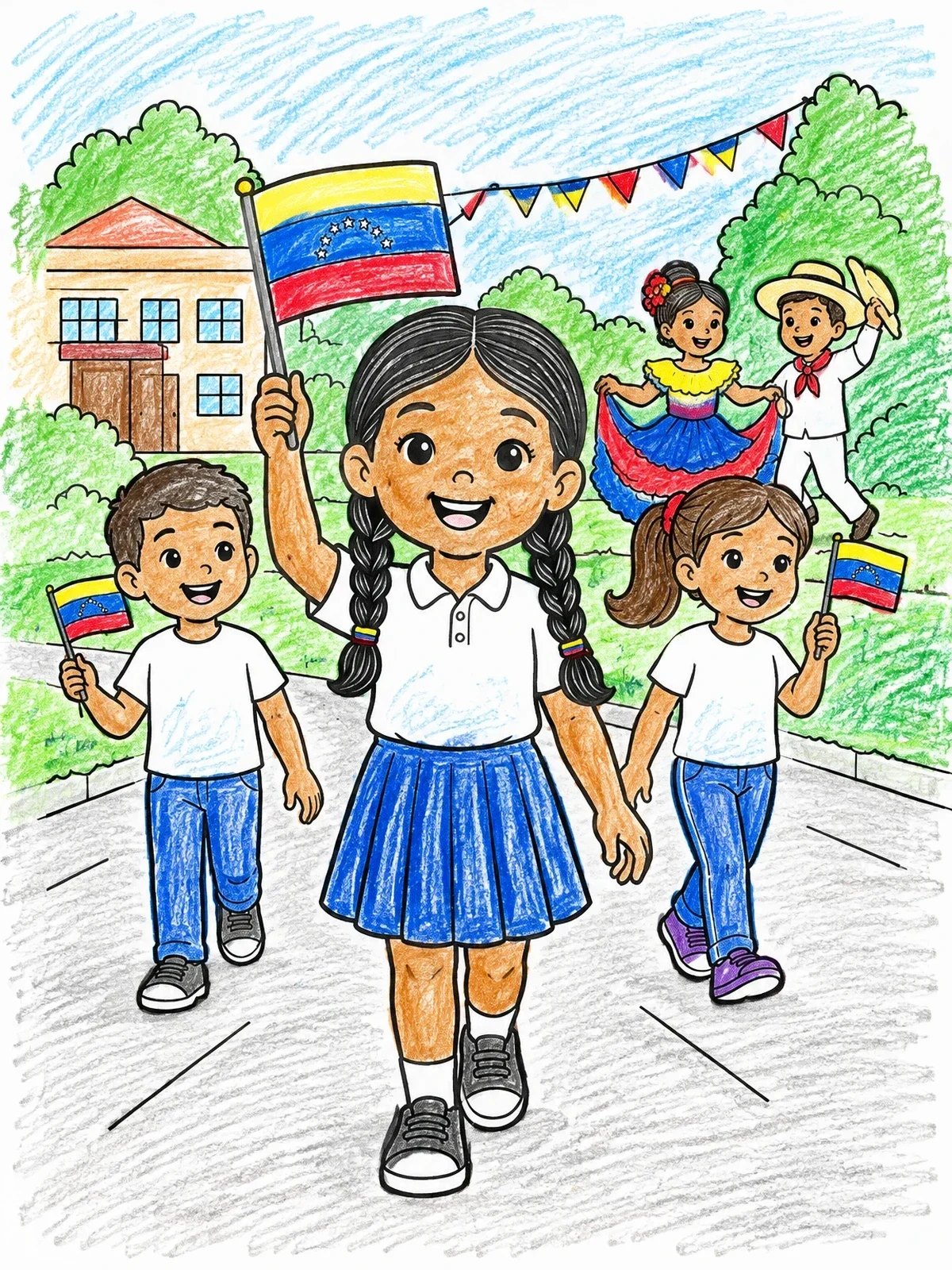 Colored example of the Venezuelan School Parade With Flags coloring page
