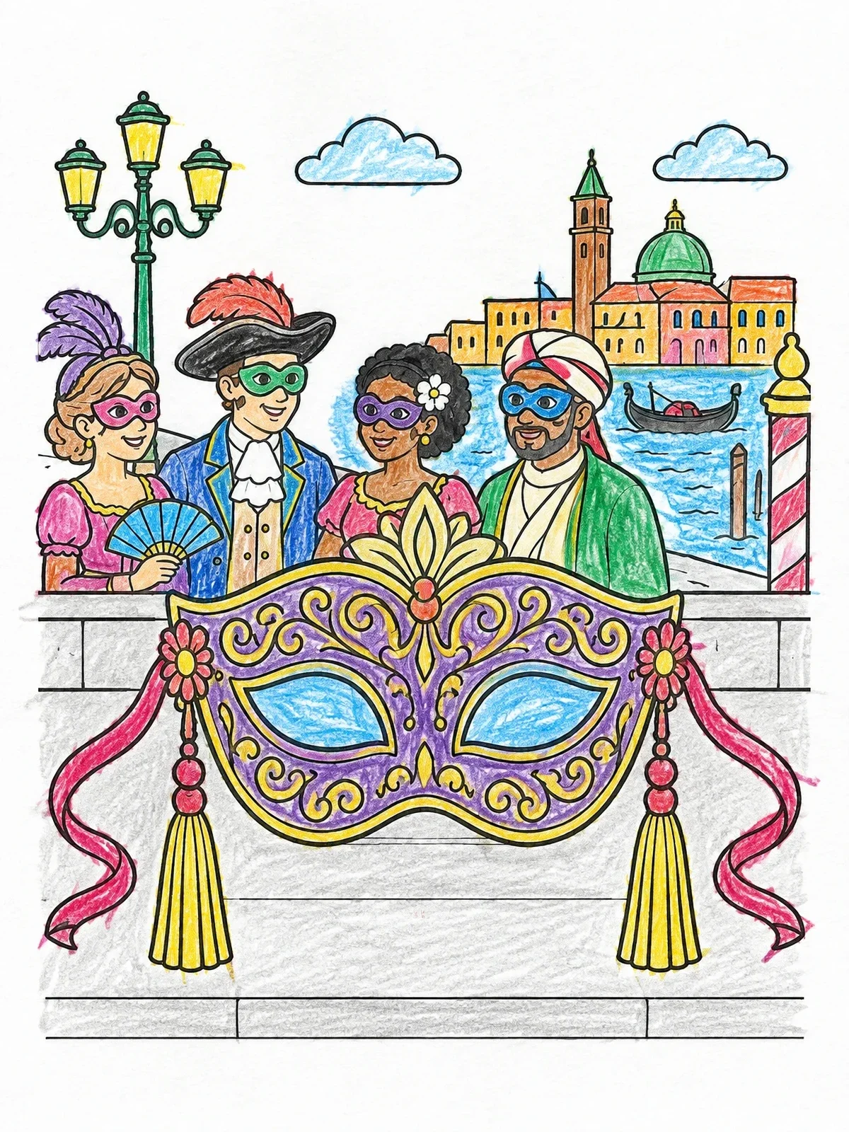 Colored example of the Venice Carnival Mask And Costumes coloring page