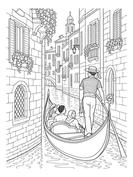 A venice coloring page depicting tourists enjoying a scenic gondola ride steered through historic canals.