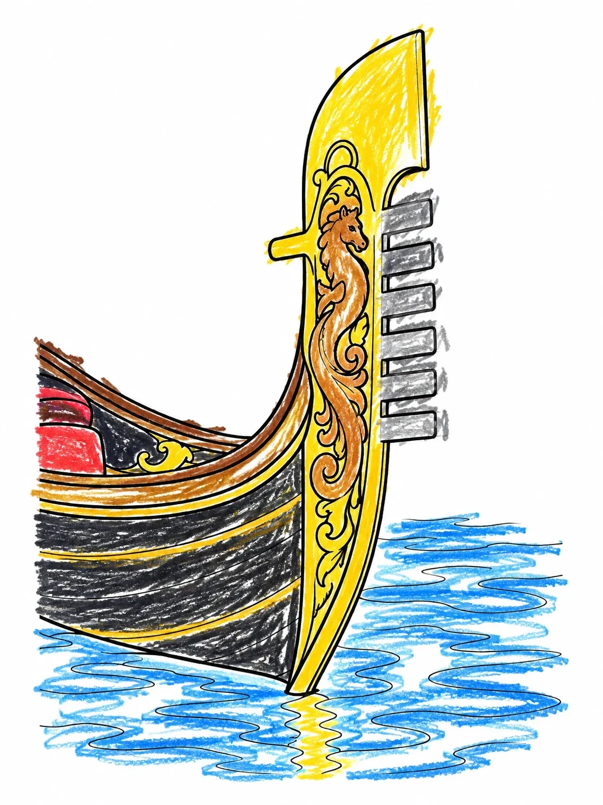 Colored example of the Ornate Venetian Gondola Prow coloring page