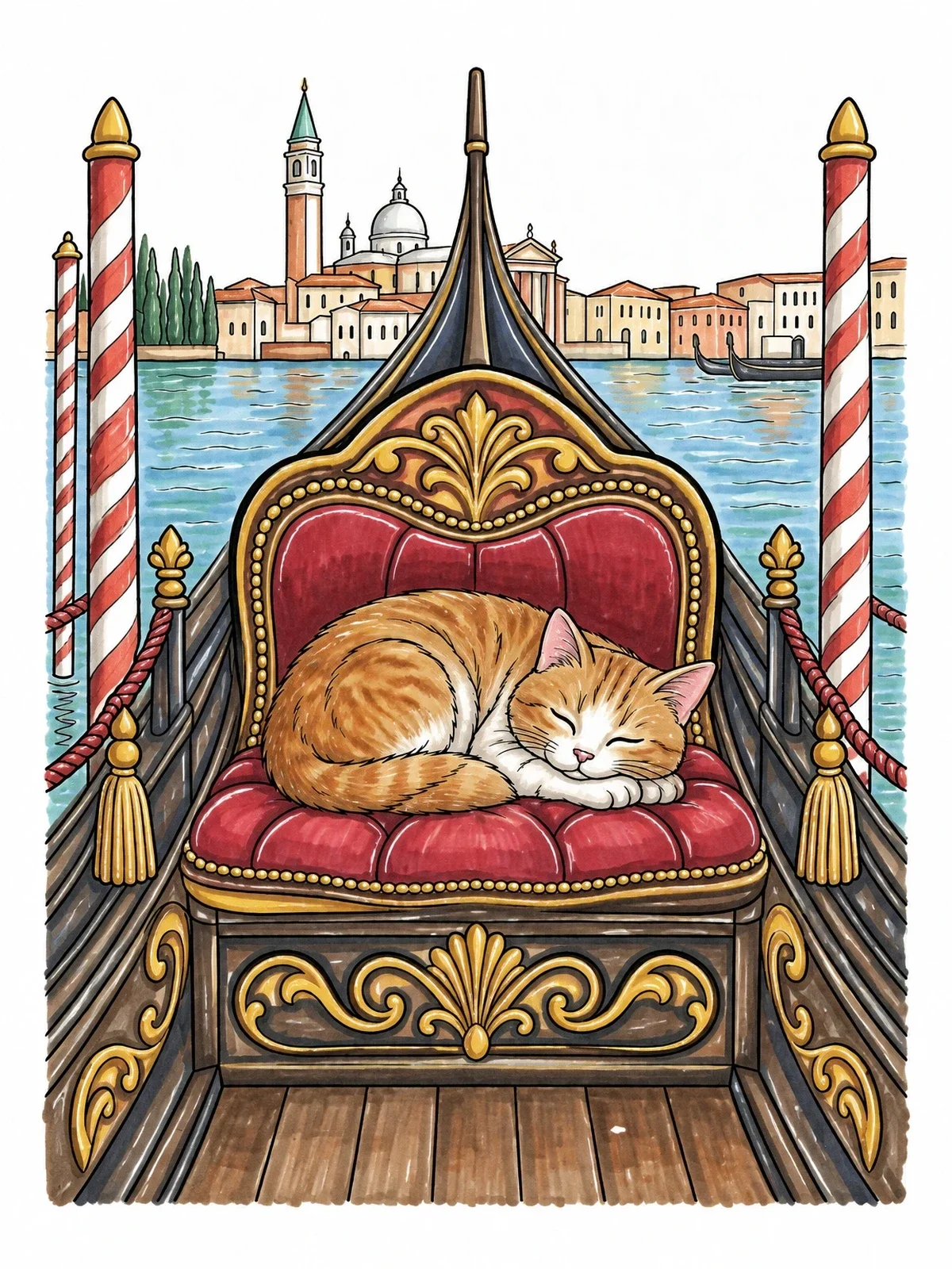Colored example of the Sleeping Cat In A Venetian Gondola coloring page