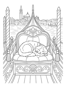 A peaceful sleeping cat inside a boat on this venice coloring page with city skyline.