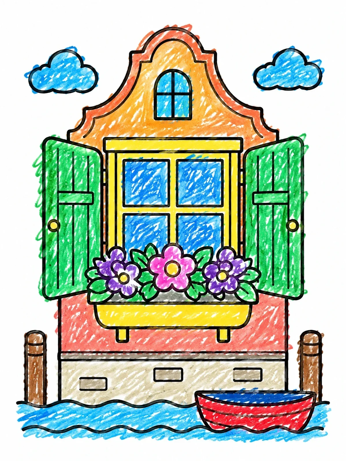 Colored example of the Venetian Canal Window With Flowers coloring page