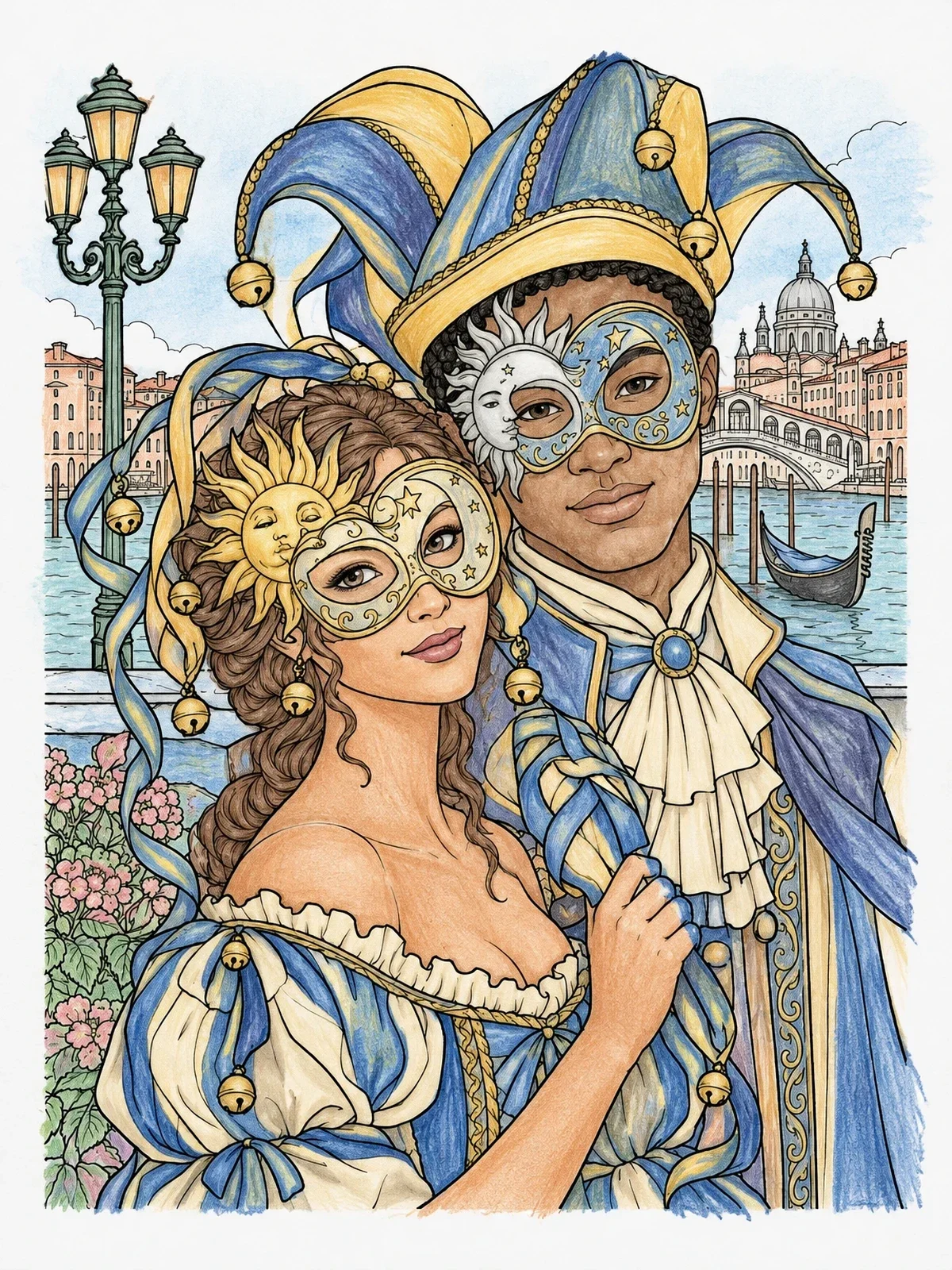 Colored example of the Venetian Carnival Couple By The Canal coloring page