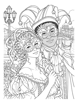 A masked couple in historic attire poses by the canal on this venice coloring page.