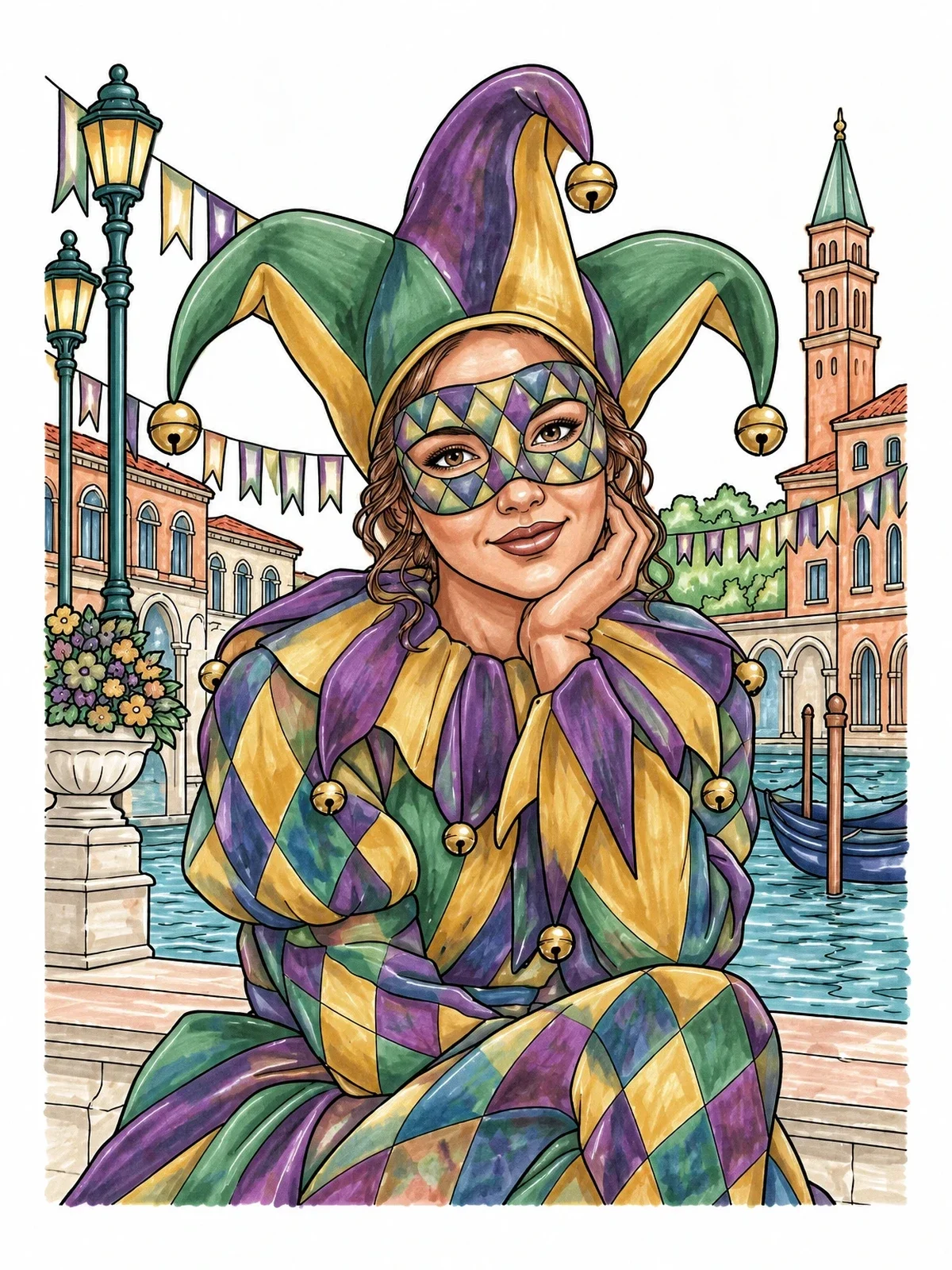Colored example of the Venetian Carnival Harlequin By The Canal coloring page